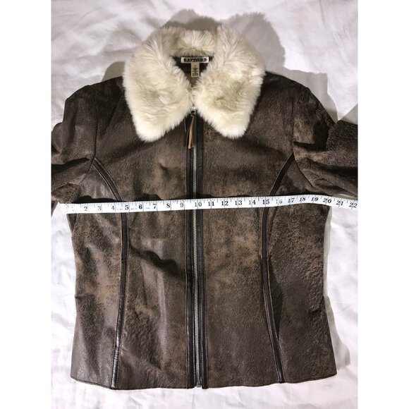 Express Women's Brown Distressed Leather Faux Fur Bomber Aviator Chore Jacket - Picture 7 of 9